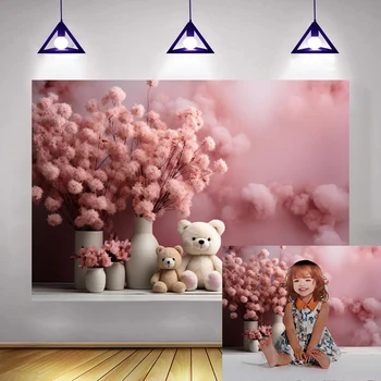 Фон для Дня рождения Розовый Милый Мишка Игрушечный Баннер для фотосъемки Воздушные шары для девочек Настенные Украшения для Душа ребенка Декор настенной комнаты в игровом домике - Изображение 1  