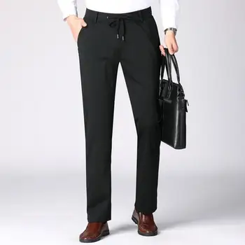 Мужские деловые брюки из летнего тонкого молочного шелка, Длинные брюки с прямыми штанинами, мужские костюмные брюки, Эластичные повседневные брюки, мужские брюки - Изображение 1  