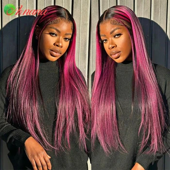 Выделите Розово-розовый прямой парик с объемной волной HD на кружеве, Малазийские парики из человеческих волос Remy, 13x6 париков на кружеве для женщин - Изображение 1  