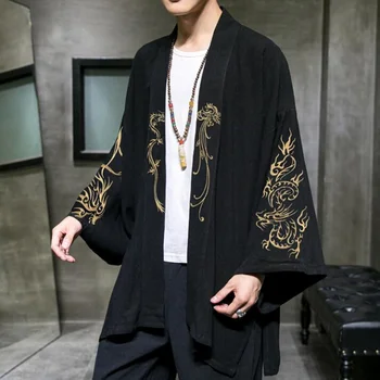 Мужской длинный халат в китайском стиле, куртка-кардиган, кимоно больших размеров, модная одежда, мужская куртка в античном стиле Hanfu с вышивкой - Изображение 1  