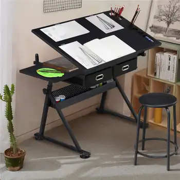 Регулируемый чертежный стол с табуреткой, черный - Изображение 1  