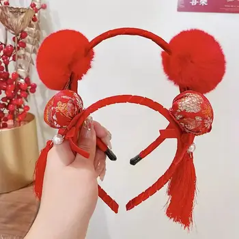Новогодняя лента для волос в китайском стиле, повязка на голову с красным бантом, фетровый обруч для волос, Фестивальные головные уборы - Изображение 2  