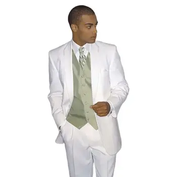 Белые мужские костюмы, блейзер, повседневные однобортные официальные платья для свадебных вечеринок с остроконечными лацканами, куртка, брюки, жилет из 3 предметов, сшитые на заказ - Изображение 2  