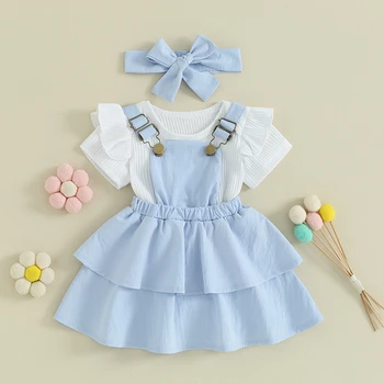 Комплект Одежды из 3 предметов для маленьких девочек, комбинезон в рубчик с коротким рукавом, многослойное платье на подтяжках, набор повязок на голову - Изображение 2  