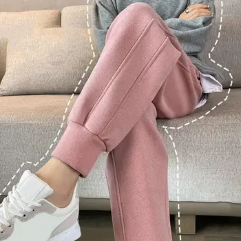 Элегантные широкие брюки, уютные плюшевые зимние спортивные брюки с эластичными карманами на талии для женщин, мягкие теплые спортивные брюки с окаймлением по щиколотку - Изображение 2  