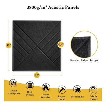 12 упаковок самоклеящихся акустических панелей 12X12X0,4 дюйма, звуконепроницаемых стеновых панелей для шумопоглощения, прочных - Изображение 2  