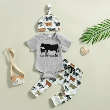 Комплекты летней одежды для новорожденных мальчиков 0-18 м, комбинезон с короткими рукавами и принтом крупного рогатого скота, боди + Длинные брюки + Шляпы, Повседневная одежда Todder - Изображение 2  