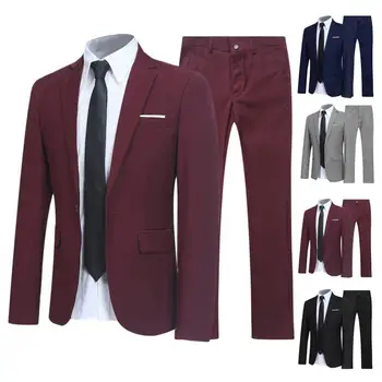 1 Комплект мужской куртки и брюк, однотонный деловой костюм с отложным воротником, приталенный комплект, плюс размер, блейзер для жениха, брюки для свадебного офиса - Изображение 2  