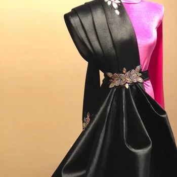 Элегантное черное платье для выпускного вечера из ближневосточного арабского атласа с высоким воротом и длинным рукавом длиной до пола в Дубае, вечерние платья Paty для женщин - Изображение 2  