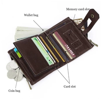 Мужской кошелек с RFID-блокировкой, кожаный винтажный двойной держатель для карт на молнии, деловой кошелек для монет - Изображение 2  