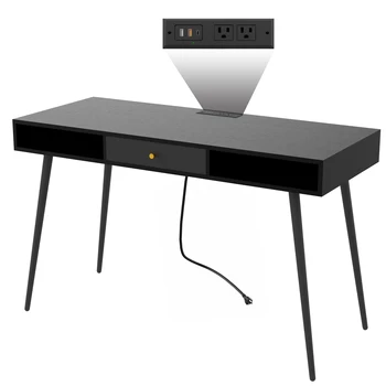 Письменный стол середины века с USB-портами и розеткой, многофункциональный компьютерный стол для домашнего офиса, черный - Изображение 2  