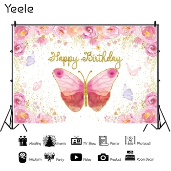 Фон для дня рождения маленькой девочки Yeele, бабочки, цветы, золотые точки, декор для вечеринки, фотографии для фотосессии в фотостудии, реквизит - Изображение 2  