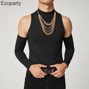 Новые мужские футболки Sexy Leisure, однотонная модная футболка без бретелек с длинными рукавами, открытые сексуальные кроп-топы, мужская одежда для вечеринок и ночных клубов 4XL - Изображение 2  