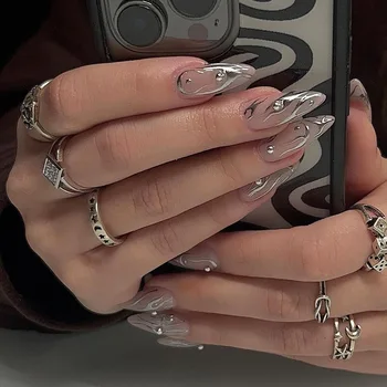 24шт hot girls y2k designs накладные ногти на шпильке миндалевидные накладные ногти с 3D-подвесками, украшенные съемным длинным ногтем-балеткой - Изображение 2  