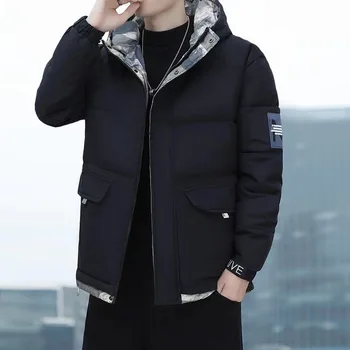 Зимняя однотонная куртка, мужская хлопчатобумажная куртка, пуховая хлопчатобумажная куртка, модная уличная одежда, утолщенная мужская теплая хлопчатобумажная куртка - Изображение 2  