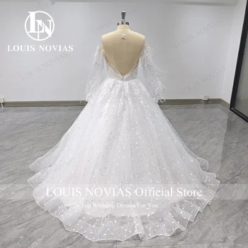Свадебные платья трапециевидной формы LOUIS NOVIAS для женщин 2023, Свадебное платье с пышными рукавами и перьями, расшитое блестками, Vestidos De Novia - Изображение 2  