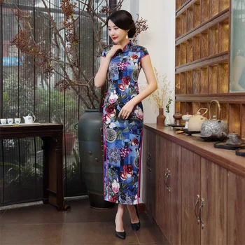 Весенний Новый Синий женский Чонсам в китайском стиле, улучшенное шелковое платье с вышивкой, женские костюмы, современное платье Ципао - Изображение 2  