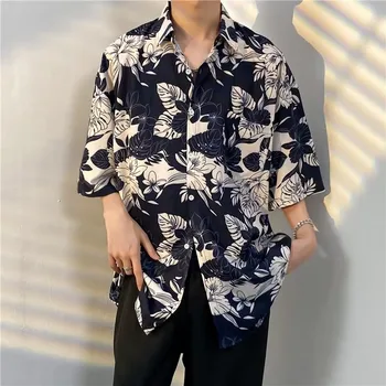 2023 Летняя мужская повседневная рубашка с короткими рукавами, модная футболка с цветочным принтом, мужская дышащая рубашка, Офисная мужская одежда B12 - Изображение 2  