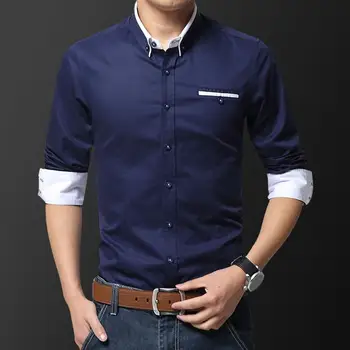 Рубашка с длинным рукавом Стильные удобные мужские деловые рубашки Slim Fit однотонные дышащие для весенне-осенней офисной одежды Мужские длинные - Изображение 2  