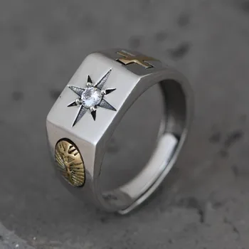 BOCAI 2021 Новые Серебряные украшения Real Pure S925 в стиле ретро с крестом и звездой, модное и простое индивидуальное Мужское кольцо - Изображение 2  