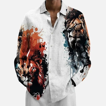 Осенние рубашки для мужчин с 3D животным принтом, высококачественная мужская одежда, уличная дизайнерская рубашка с длинными рукавами, свободные толстовки оверсайз - Изображение 2  