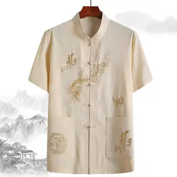 Тренировочная рубашка с принтом дракона, мужская традиционная китайская льняная рубашка Танг с застежкой на ручную пластину, восточный дизайн для удобства - Изображение 2  