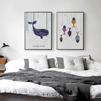 Плакат с милым животным и мультяшной рыбой, картина на холсте, современное минималистичное художественное изображение и принты для домашнего декора гостиной, детской спальни - Изображение 2  
