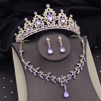 Великолепные наборы свадебных украшений с фиолетовым кристаллом для женщин, Диадемы, Корона, серьги Невесты, ожерелье, Свадебный ювелирный набор, мода - Изображение 2  