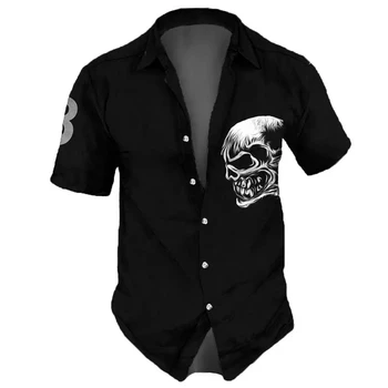 Винтажные мужские рубашки с черепом, уличная рубашка с лацканами Для мужчин, уличный хип-хоп, короткий рукав, 3D топ, летние мужские гавайские рубашки для вечеринок - Изображение 2  