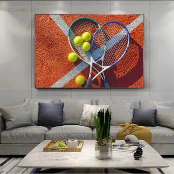 Современная теннисная ракетка и мяч на холсте, настенное искусство, спортивные настенные панно, красно-зеленые плакаты на детской площадке для декора гостиной - Изображение 2  