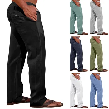 Мужские брюки 2023 Весна Лето Повседневные Пляжные Длинные Брюки Однотонные Свободные эластичные Хлопчатобумажные Льняные Брюки Мужская Мода Для Отдыха - Изображение 2  