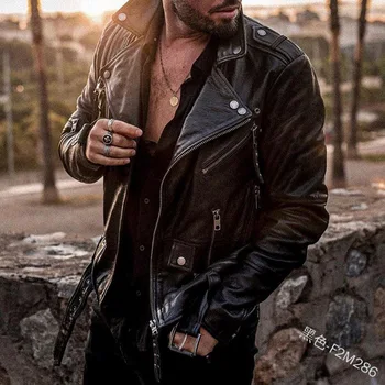 Новое мужское кожаное модное облегающее мотоциклетное кожаное пальто в стиле панк с имитацией горловины - Изображение 2  