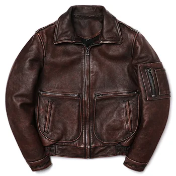 2023 Новая винтажная коричневая куртка из натуральной кожи в стиле ВВС из воловьей кожи, мужская тонкая модная байкерская куртка из летной ткани - Изображение 2  