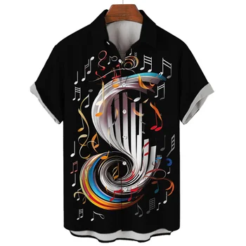 Музыкальная рубашка с 3D принтом для мужчин, футболки с нотным рисунком, уличная одежда большого размера, Летние повседневные гавайские рубашки с короткими рукавами - Изображение 2  