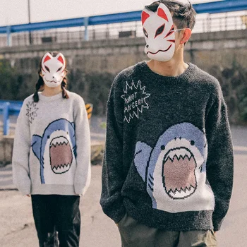 Свитер Ro Couple с мультяшной акулой, повседневный свободный вязаный пуловер в стиле хип-хоп, осенне-зимний свитер оверсайз, топы-пуловеры Унисекс для мужчин - Изображение 2  