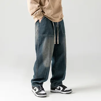 Японские джинсы в стиле ретро, осенне-зимняя прострочка, свободные брюки с завязками, уличная одежда для бега трусцой, мужские джоггеры - Изображение 2  