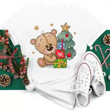 Подарок к рождественским праздникам, женская футболка с короткими рукавами, модная базовая рубашка с рисунком оленя с мультяшным рисунком, одежда Kawaii, размер оверсайз - Изображение 2  