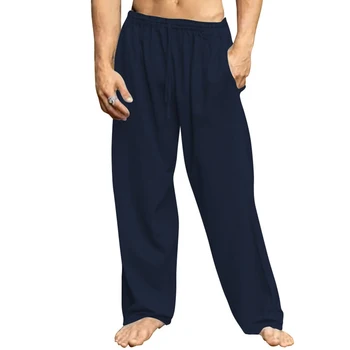 Мужские мешковатые дышащие брюки из хлопка и льна, прямые широкие брюки для занятий спортом, тренажерного зала, йоги, эластичные брюки на шнурке, брючная одежда - Изображение 2  