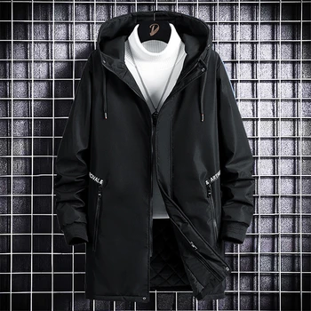 Длинная куртка-карго, мужские куртки размера плюс 10XL, весенне-осеннее пальто с капюшоном, мужская черная куртка-карго, длинный стиль - Изображение 2  