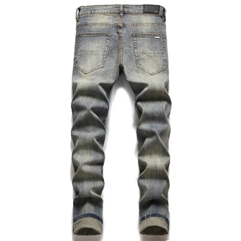 Новый модный бренд, мужские джинсы, рваная нашивка, тренд, Приталенные джинсовые брюки с принтом, мужские брюки с вышивкой дырками. - Изображение 2  
