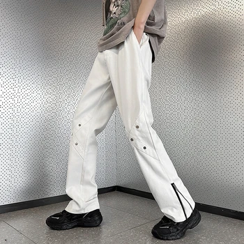 Расклешенные джинсы Мужские белые, новые прямые джинсовые брюки в стиле уличного хип-хопа в американском стиле, боковая молния, облегающие декоративные брюки с заклепками - Изображение 2  