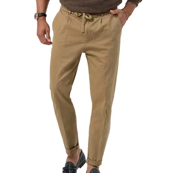 Мужские хлопчатобумажные льняные брюки, однотонная повседневная Свободная мужская одежда, дышащие брюки для фитнеса с эластичной резинкой на талии, брюки-карандаш Pantalon Homme - Изображение 2  