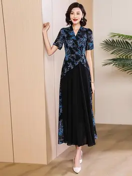 2024 новое платье ципао в китайском стиле с цветами, женское летнее платье в винтажном стиле, элегантное модное платье чонсам средней длины с v-образным вырезом - Изображение 2  