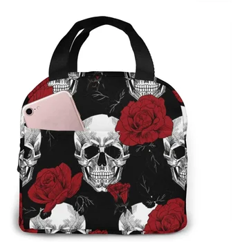 Женская сумка для ланча с цветами Сахарной косули, черепом и скелетом, изолированный ланч-бокс с передним карманом для работы, многоразовая сумка-холодильник - Изображение 2  
