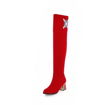 Дизайнерский бренд 2021, Роскошные Женские сапоги до колена на высоком каблуке 5,5 см, Длинные сапоги из флока на молнии, осенне-зимние Плюшевые Красные туфли 986 - Изображение 2  