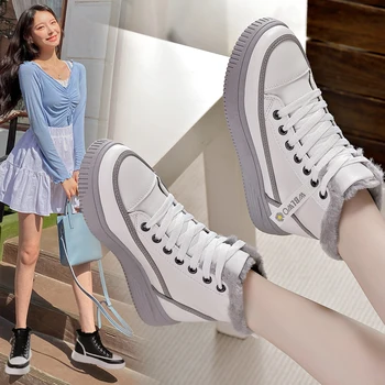 Зимние кроссовки на платформе, женская плюшевая обувь, кроссовки на танкетке, теплая хлопковая обувь, женская массивная обувь на шнуровке, женские ботинки - Изображение 2  