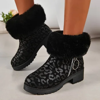 Женские Модные Пикантные Леопардовые Ботинки до середины икры, Зима 2024, Новые Меховые Теплые ботинки 