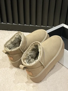 Зимние ботинки для женщин, зимняя обувь с круглым носком, женские резиновые ботильоны на плоском каблуке, осень 2023, кожа в стиле Лолиты - Изображение 2  
