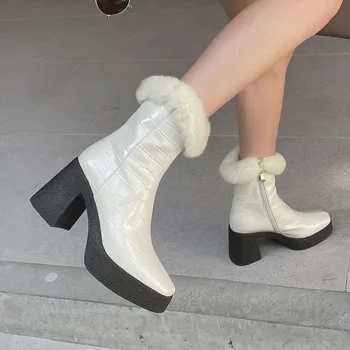 Совершенно новый дизайн, женские ботильоны из натуральной кожи, короткие ботинки на платформе и высоком массивном каблуке, женская осенне-зимняя плюшевая обувь - Изображение 2  