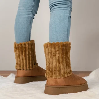 Зимние ботинки, женские бархатные утепленные зимние ботинки 2024 года, новая модная теплая хлопчатобумажная обувь без застежки с короткими рукавами, зимние ботинки - Изображение 2  